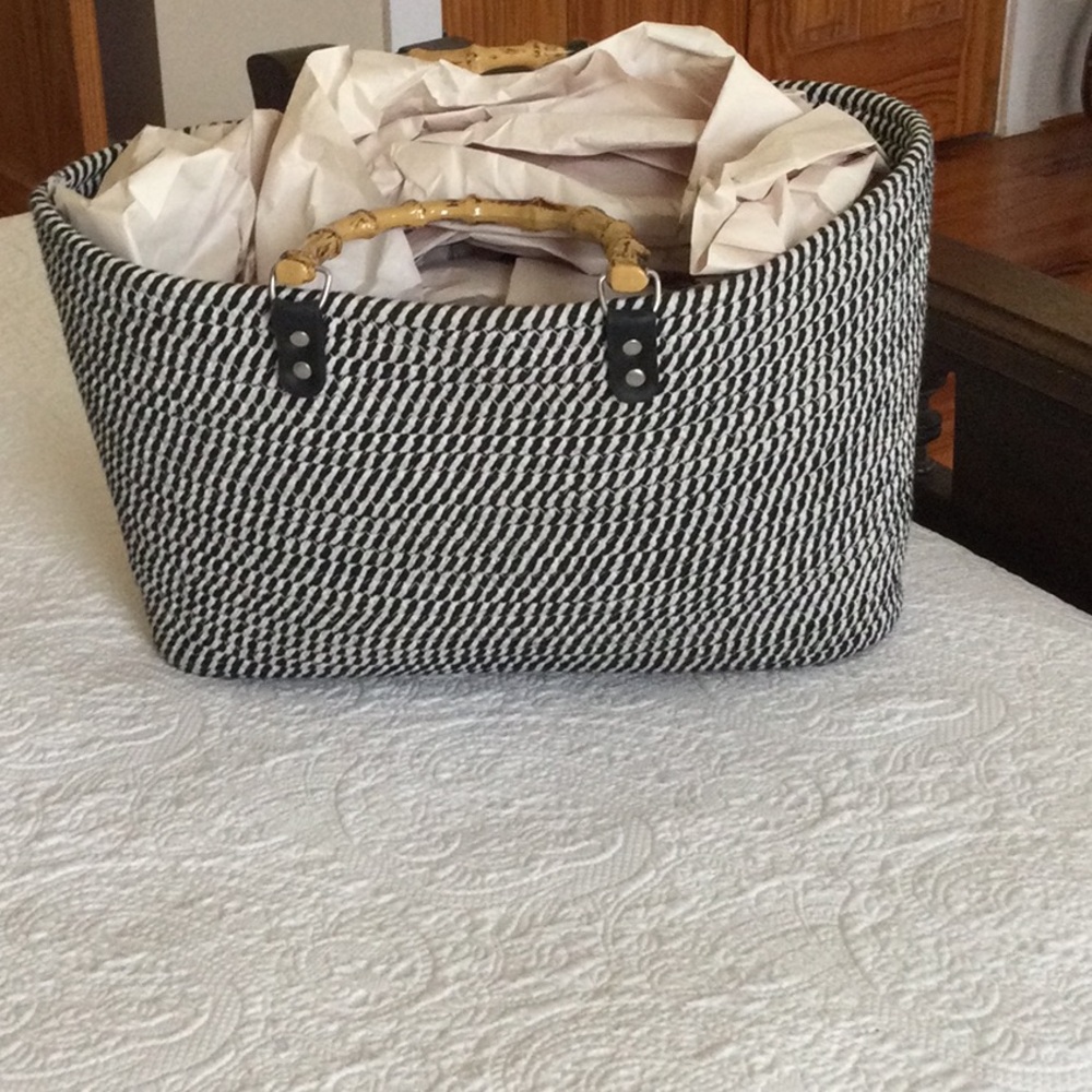 Woven Black & White Tote with Bamboo Handles